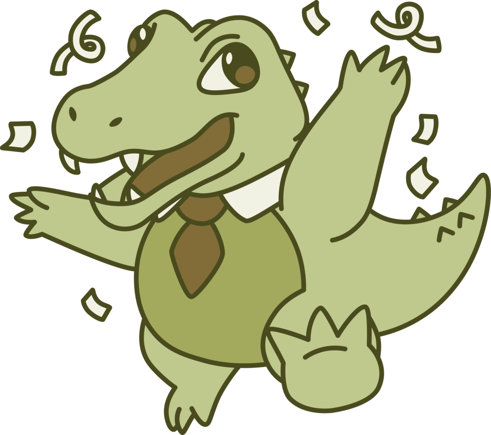 Chompi, el cocodrilo de CHOMP, celebrando